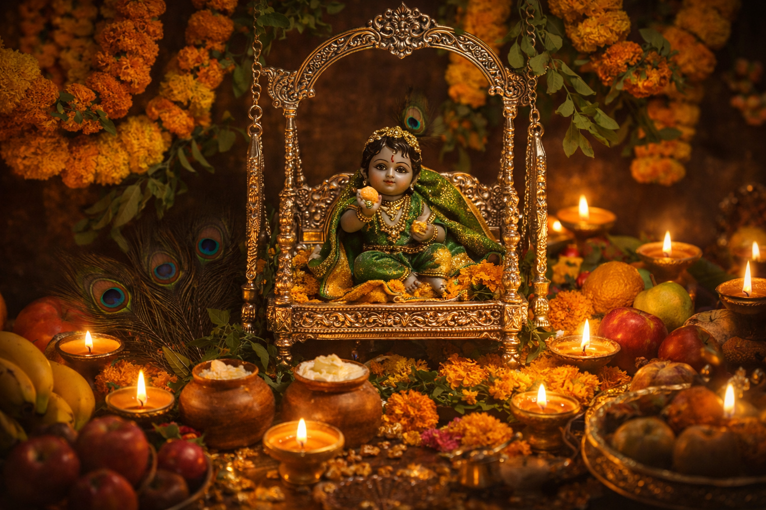 Beautifully decorated small Krishna idol (Laddu Gopal) in silver cradle swing surrounded by flowers, fruits, butter pots, peacock feathers, lit diyas, marigold garlands, tulsi leaves, warm golden candlelight glow -- Janmashtami HD wallpaper